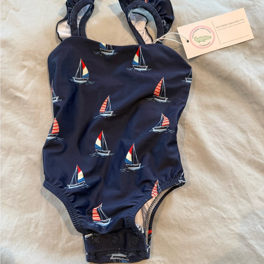 Southern Smocked Co Navy Sailboat Print Kids Swimsuit NWT